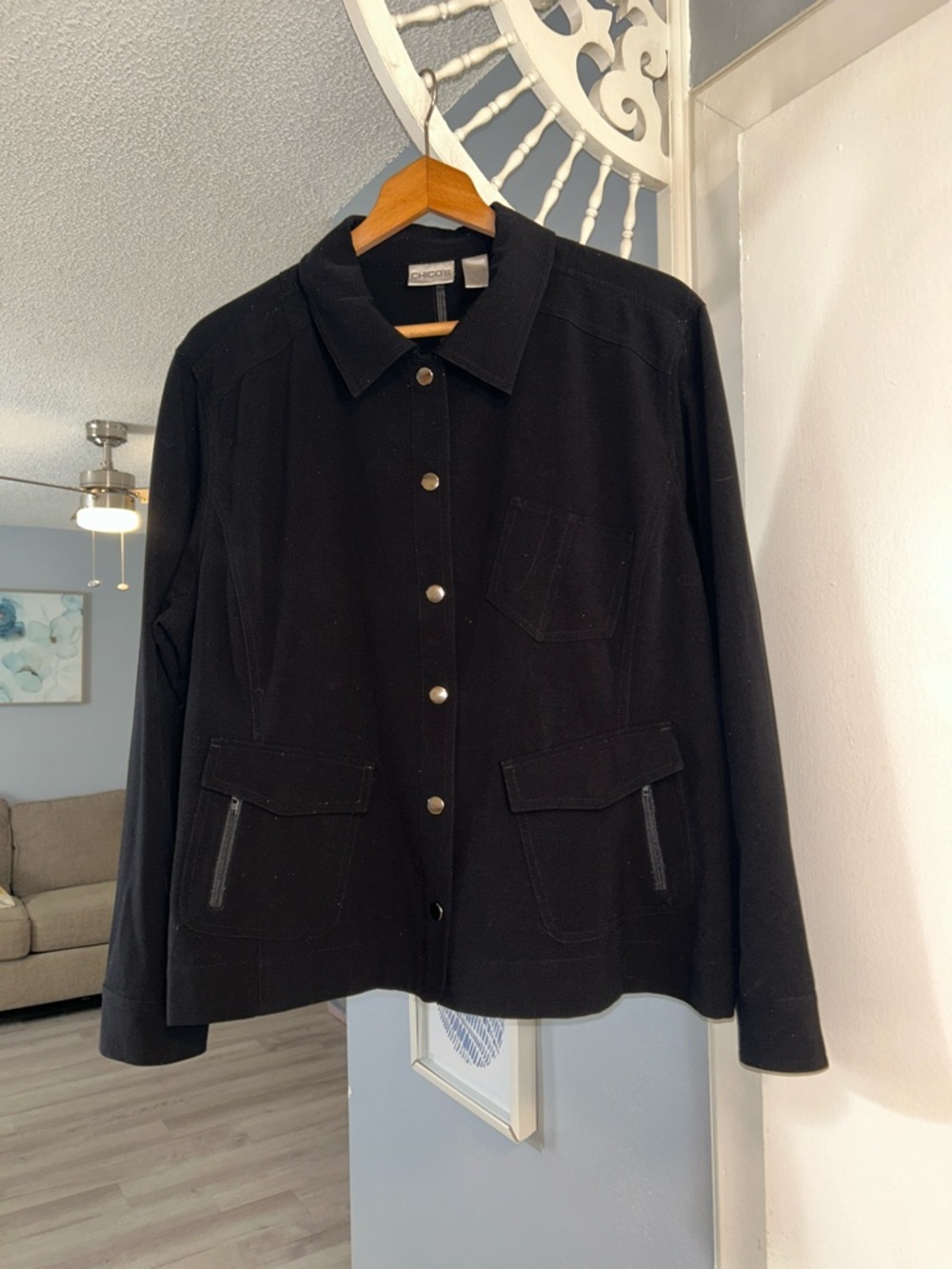 Chicos Women’s Black Top Snap Front Jacket Zip Pockets Chico’s 3 = US Size XL